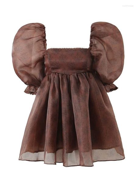 Abiti da festa YENKYE 2023 Abito da donna in organza con stampa caffè Abito vintage con maniche a sbuffo Elegante scollo quadrato Mini donna