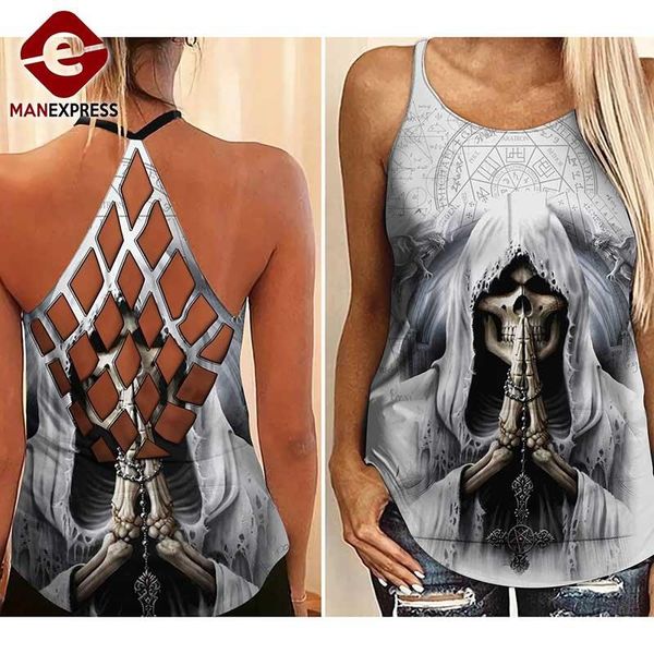 Vestidos das mulheres moda 3d impressão crânio menina criss cross tank top verão sem mangas sem costas camisa gráfica magro ajuste gótico plus size colete