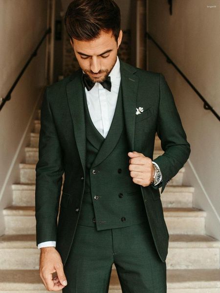 Abiti da uomo (giacca pantaloni gilet) moda uomo verde scuro set completo 3 pezzi sposi matrimonio sera vestito da festa uomo 2023 jscket cappotto su misura