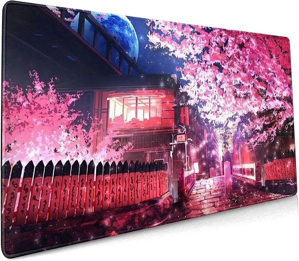 Mouse Pad Sakura Anime Japonês 35,4 x 15,7 Polegada XXL Rosa Flor de Cerejeira Flor Antiderrapante Base de Borracha Grande Mousepad