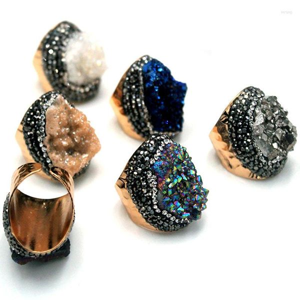 Cluster Rings Anel Druzy Natural Cor Brilhante Feminino Ajustável Aberto Estilo Punk Tamanho Grande Pedra Original