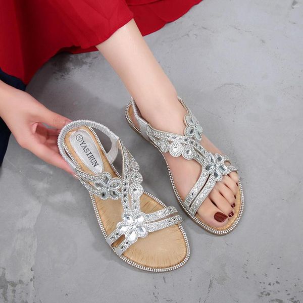 Sandálias femininas de verão bling flor cristal sandália plana praia sapato casual moda aberto ao ar livre lazer sapatos