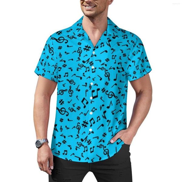 Camisas Casuais Masculinas Camisa Notas Musicais Azul E Preto Férias Soltas Havaianas Blusas Streetwear Manga Curta Estampadas Roupas Grandes