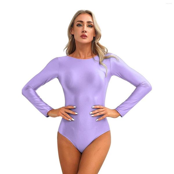 Fato de banho feminino Fato de banho de verão brilhante de uma peça manga comprida decote em U nas costas Meia-calça Bodysuit Collant Natação Fato de banho