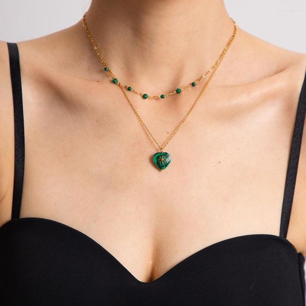 Collane con ciondolo Acciaio inossidabile 316L Eleganza vintage Collana con cuore in malachite a doppia faccia Ragazza Regalo di gioielli di lusso