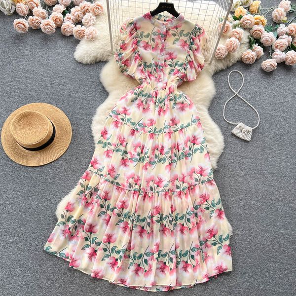 Vestidos casuais básicos gola alta estampa floral vestido maxi evasê feminino verão manga curta mosca manga fina praia feriado festa roupas vestidos 2023