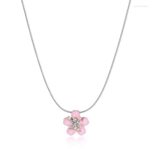 Halsketten mit Anhänger, modisch, frische rosa Emaille, bemalte Erystal-verkrustete Blumen, Mädchen-Geschenk, exquisite Halskette