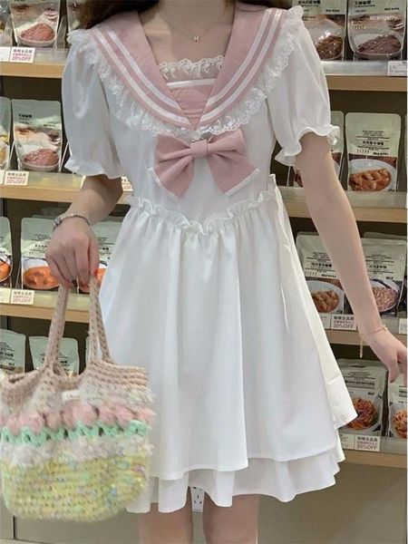 Vestidos de festa Deeptown Kawaii Lindo vestido Lolita branco feminino Estilo Y2k japonês Escola Sweet Jk Uniform Laço babados Fita Manga curta