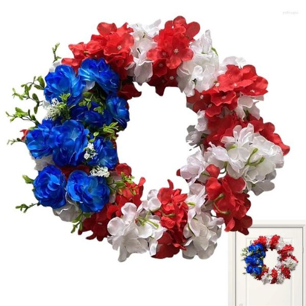 Flores decorativas vermelho, branco e azul coroa de flores bandeira americana patriótica guirlanda galho decoração para