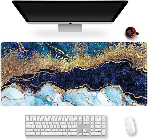 Erweitertes Gaming-Mauspad XXL ArtSo, große Tastaturmatte, langes Mauspad, Schreibunterlage, rutschfeste Gummiunterseite, 35,1 x 15,7, blauer Marmor