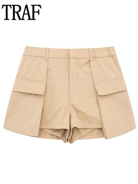 Vestidos traf 2023 camelo skorts para mulheres bolsos de cintura alta verão saia shorts streetwear casual saia calças moda shorts mulher