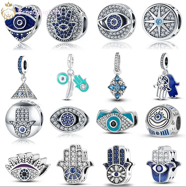 Para pingentes pandora contas de prata esterlina caixa original cor Lucky Blue Eyes Fatima Hand European Bead