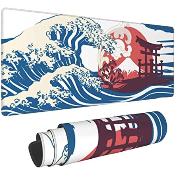 Japanisches Wave Sun Gaming-Mauspad, XL, groß, rutschfestes Gummi-Mauspad, genähte Kanten, Schreibtischunterlage, langes erweitertes Mäusepad, 80 x 30 cm