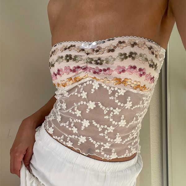 Canottiere da donna Camis Gaono Vintage Cute Backless Tube Top Fairy Y2K Floral Mesh Crop Top Sexy senza spalline avvolgere il petto Camis Chic Girl Streetwear 230707