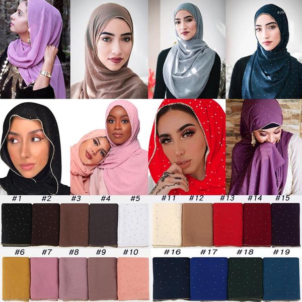 Eşarplar 70 180 cm Kadın Müslüman Şifon Hijab Eşarp Şal/Moda İnci Elmas başörtüsü İlkbahar Yaz Süren Bayanlar İslami Hijabs