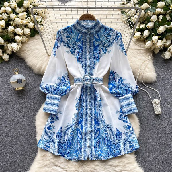 Abiti casual di base Nuova moda Colletto alla coreana Manica lunga Stampa etnica vintage A-line Abito corto Donna Estate monopetto Abiti eleganti 2024