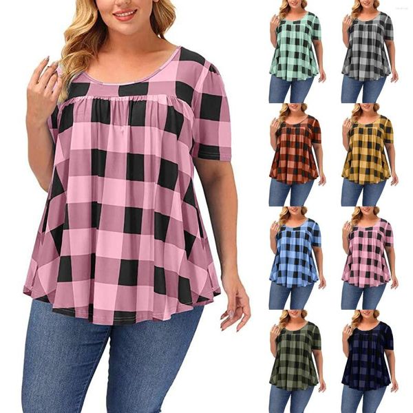 Camicette da donna Moda Taglie forti Camicetta da donna Casual Allentata Camicie a maniche corte O-Collo Per donna Abbigliamento scozzese Blusas Mujer De Moda