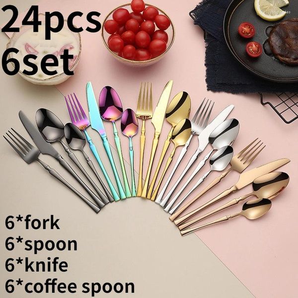 Geschirr-Sets, 24-teilig, Goldbesteck, Essstäbchen, Messer, Gabel, Löffel, Edelstahl, koreanisches Luxusgeschirr, spülmaschinenfest