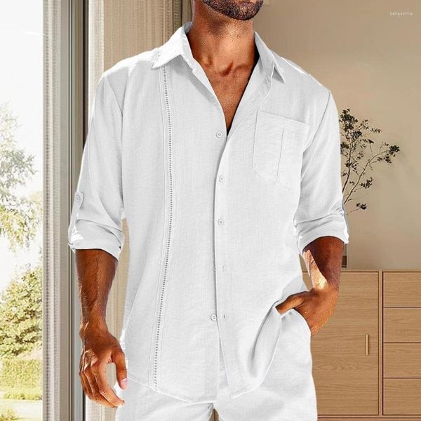 Camicie casual da uomo Elegante camicia con risvolto con cuciture in pizzo Tinta unita Vestibilità ampia Monopetto Top da lavoro 3 anni di esperienza del venditore