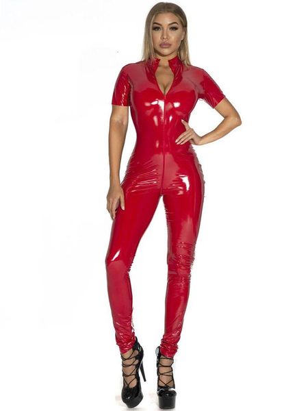 Capris manica corta effetto bagnato catsuit in pvc doppia cerniera con apertura sul cavallo body lucido collant in pelle pu tuta sexy cosplay body body