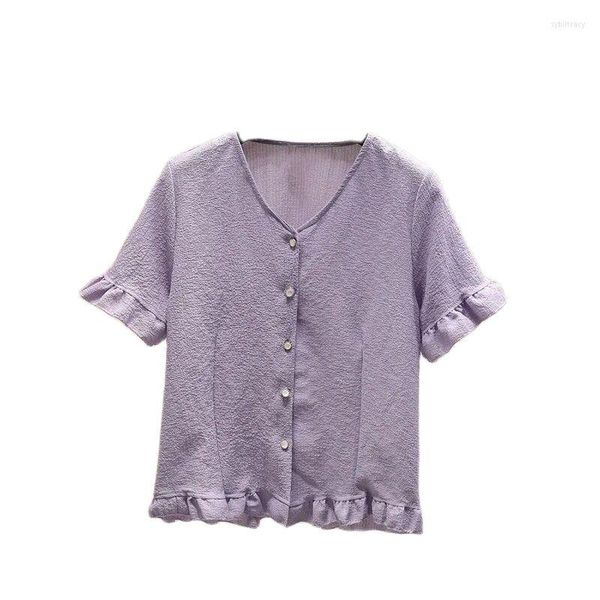 Camicette da donna 2023 Estate Viola Temperamento selvaggio Scollo a V Manica corta Camicia da studente da donna Fat M Chiffon Donna allentata Top nero