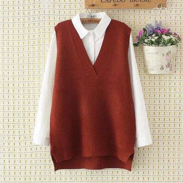 Maglioni da donna autunno oversize con scollo a V maglione lavorato a maglia gilet da donna tinta unita vintage senza maniche pullover casual stile preppy femminile