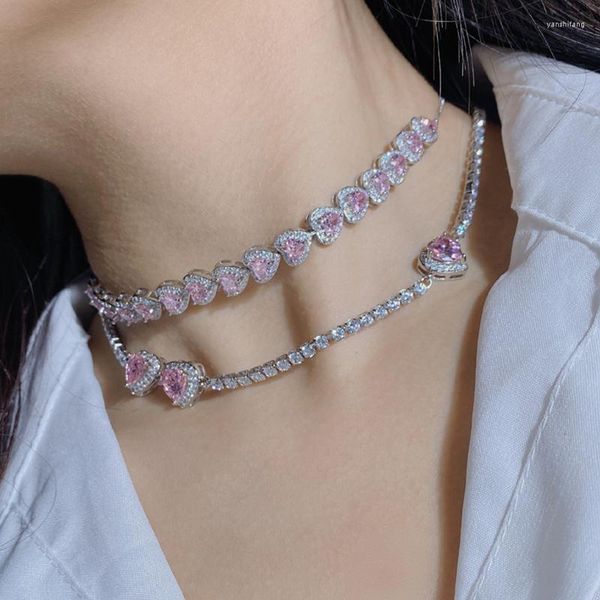 Anhänger Halsketten 2023 Koreanische Süße Rosa Herz Kristall Halskette Für Frauen Mädchen Elegante Zirkon Hochzeit Party Kette Choker Collares Schmuck