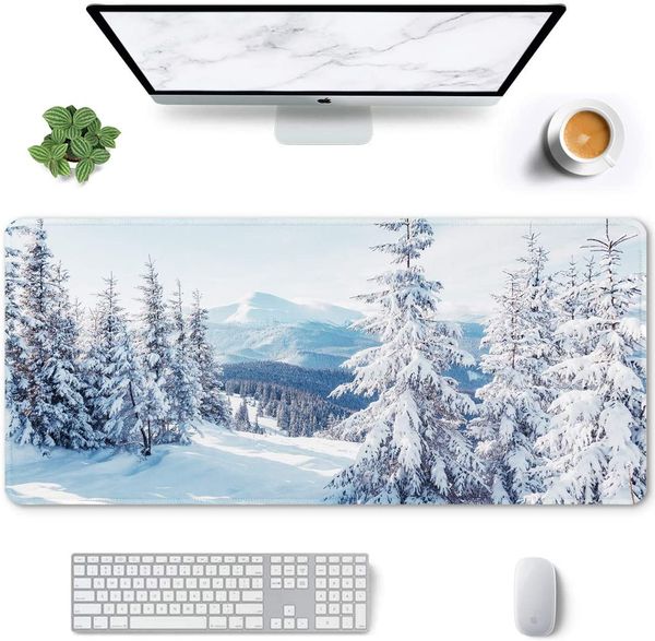 Tapete de rato grande de cenário de neve de floresta de inverno tapete de rato de jogo estendido com bordas costuradas antiderrapante teclado de computador mousepad