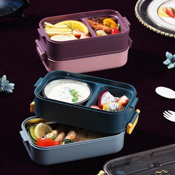 Geschirr Sets Doppelschicht Bento Box Mittagessen Edelstahl Suppenschüssel mit Löffel Gabel Mikrowelle Heizbehälter Wohnaccessoires