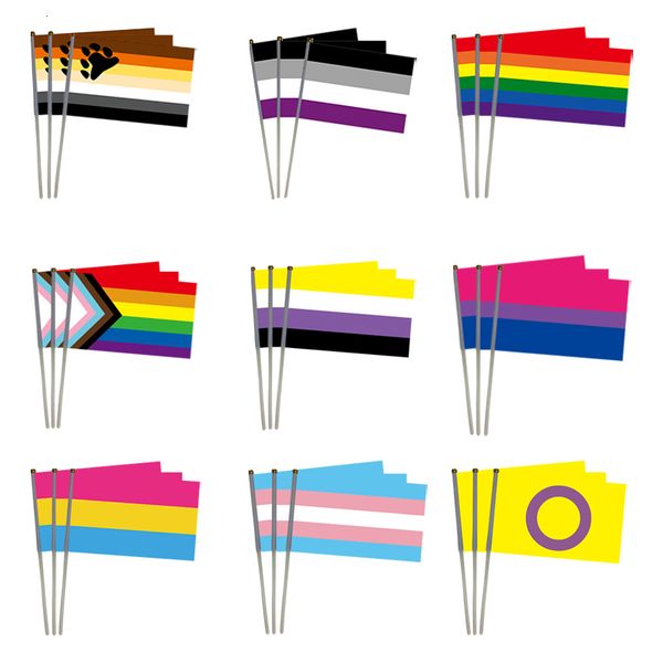 Bandeiras de banner Xvggdg 100pcs 14 * 21cm Bandeira de mão personalizada Geminbowl Bandeira de mão de arco-íris Mão acenando Orgulho gay Bandeira de orgulho bissexual 230707