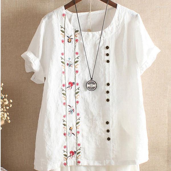 Camicette da donna Camicie casual a maniche corte larghe ricamate in lino di cotone vintage da donna Camicia con bottoni Moda coreana