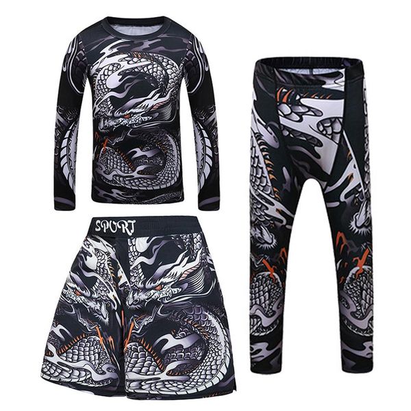 Jeans crianças bjj rashguard jiu jitsu mma camiseta + calça conjuntos de kickboxing menino ginásio crianças muay thai shorts mma roupas calças de compressão