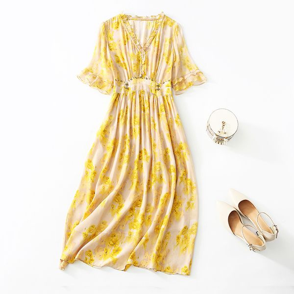 2023 Summer Yellow Floral Print Abito in seta con perline 1/2 Mezza manica con scollo a V Abiti midi con pannelli C3Q04 Plus Size XXL 5064