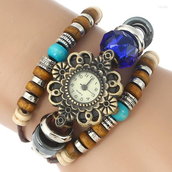 Armbanduhren Genf Platin Echtes Leder Frauen Uhr Türkis Blau Kristall Ethnische Vintage Quarz Armbanduhr Mode Stil A870