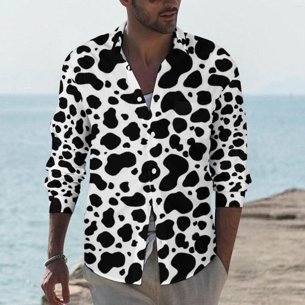 Camisas casuais masculinas com estampa de animal de fazenda masculina, preta, branca, com manchas de vaca, manga comprida, blusas divertidas, primavera, top personalizado, tamanho grande