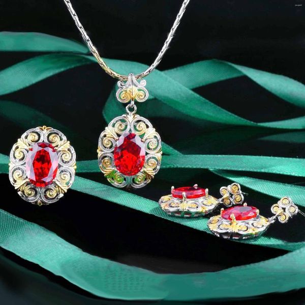 Collana Orecchini Set Intaglio In Oro Intrecciato Italiano Mestiere Tesoro Colorato Granato Anelli Di Apertura Gioielli In Zirconia Cubica