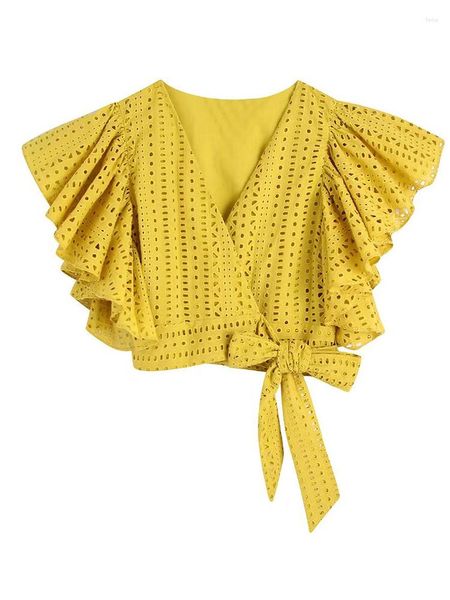 Camicette da donna YENKYE Camicetta da donna avvolgente con ricami scavati Camicia manica volante vintage 2023 Top corto in cotone femminile chic Estate giallo