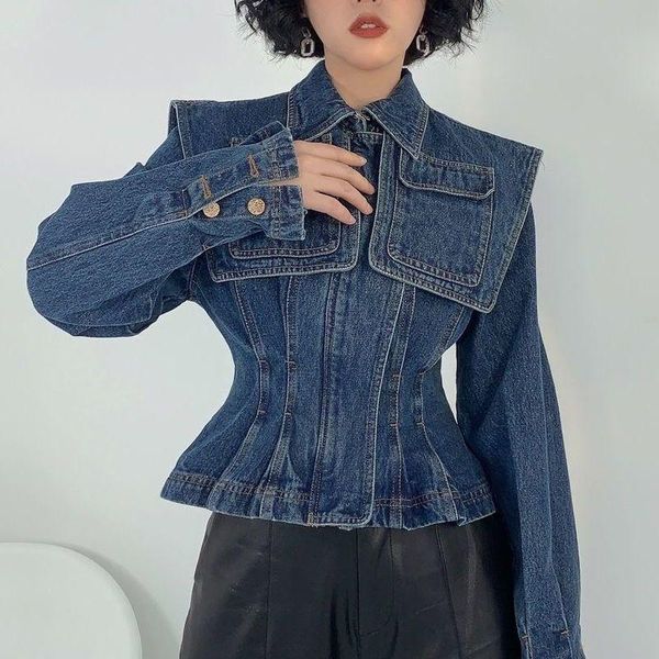 Pantaloni Coreano Chic Design vintage Vita chiusa Giacca di jeans corta da donna Stile porta Office Lady Wear Cappotto di jeans Giacca da donna Leader blu scuro