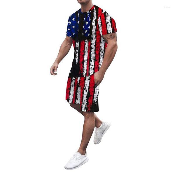 Erkeklerin Trailtsuits USA T-Shirts Şort Amerikan Bayrağı Setleri 3D Baskı Gündelik Moda Büyük Boy Kısa Kollu Tişört Pantolon Set Man Suit Giyim