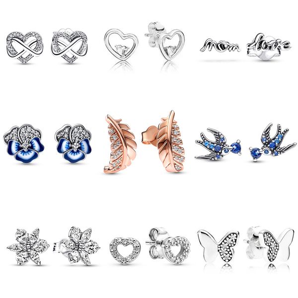 Nuovo originale 100% argento sterling 925 pan cuore blu pansy fiore amore mamma rondine galleggiante curvo piuma orecchini con perno