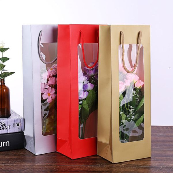 Confezione regalo 6PCS Sacchetto regalo per vino in cartone multicolore Borsa per imballaggio regalo per fiori tinta unita fai-da-te con forniture per l'imballaggio di imballaggi per finestre trasparenti 230707