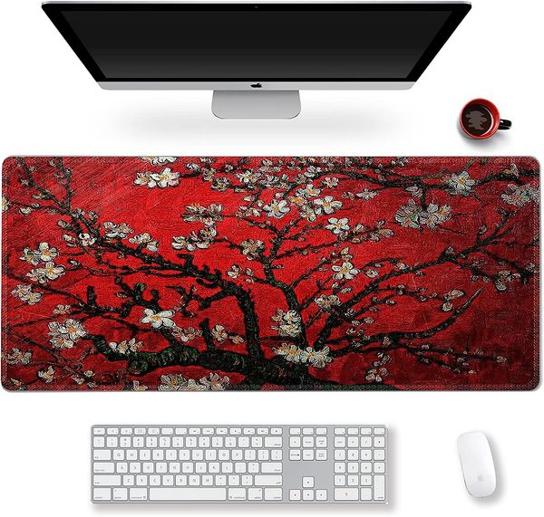 Erweitertes Gaming-Mauspad XXL ArtSo Großes langes Mousepad Schreibtischdekor Schreibblock Rutschfeste Gummiunterseite 35,1 x 15,7 Rot Van Gogh