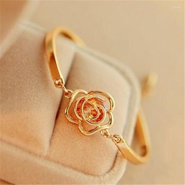 Link Armbänder Rose Gold Farbe Blume Armband Mode Klassische frauen Armreifen Manschette Einfache Trendy Schmuck Großhandel