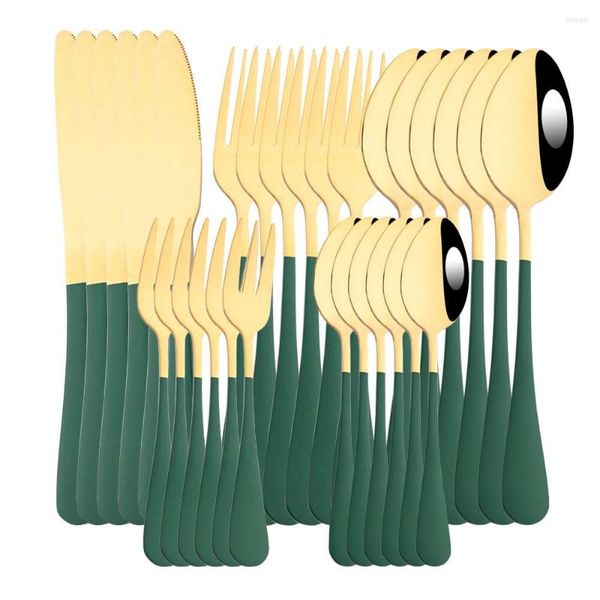 Akşam yemeği setleri yeşil altın çatal bıçak takımı seti 30pcs ayna dinnenrware paslanmaz çelik sofra takımı yemek bıçağı kek çatal kaşığı çay kaşığı ev için