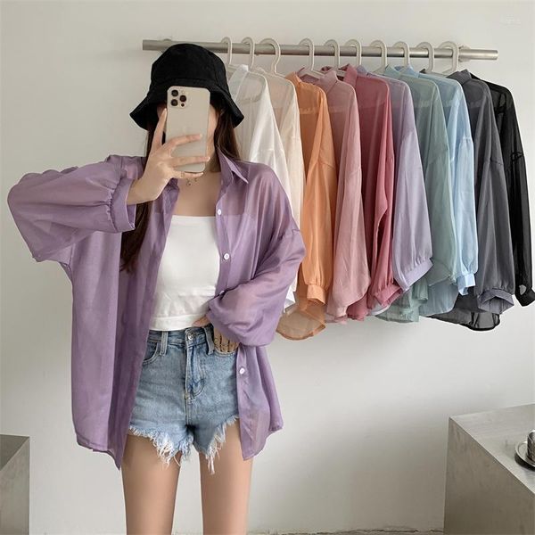 Damenblusen, koreanischer Stil, Ballonärmel, durchsichtige Chiffon-Strickjacke, Damen-Sommer-Langarm-Hemden mit Knöpfen, Urlaub, Strand, dünner Überzugsmantel