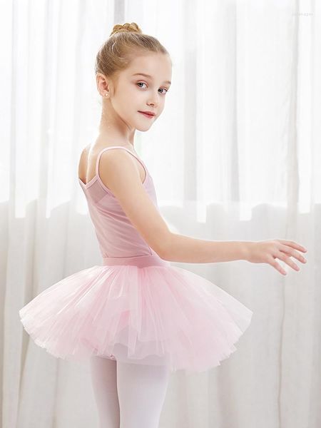 Stage Wear Tutu di balletto in cotone per bambini Body con bretelle con gonna in tulle a sbuffo per ragazze Mostra costumi di performance C22092