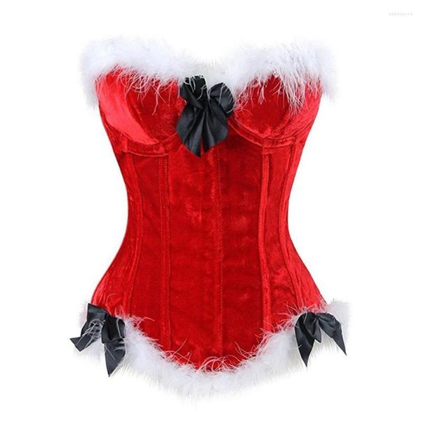 Intimo modellante da donna Sexy Corsetto Bustier Top Natale Costumi di Babbo Natale Corsetto di piume Taglie forti Bustino Burlesque Nero Rosso