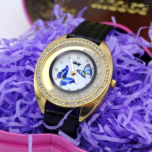 Relógios de pulso SMVPShsby Couro Quartzo Relógio de pulso Moda Strass Rolling Beads Ouro Relógios Femininos Flor Borboleta Relógio Feminino Vestido