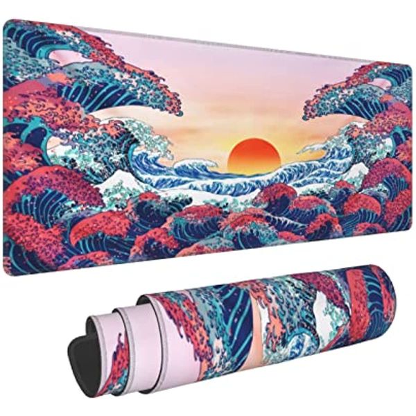 Almofada japonesa Wave Sunrise antiderrapante Base de borracha antiderrapante Almofada de mesa com borda costurada Almofada de mesa estendida 31,5 x 11,8 polegadas