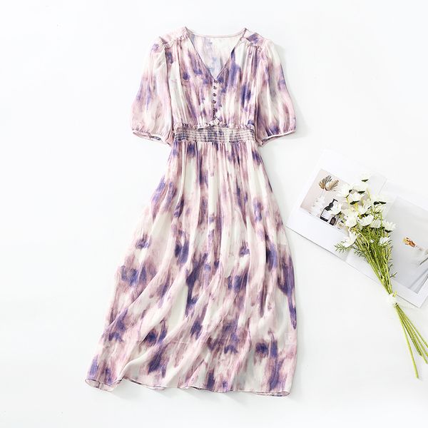 2023 Summer Purple Print Paneled Silk Dress 1/2 Mezza manica con scollo a V Bottoni Midi Abiti casual C3Q04 Plus Size XXL 5060